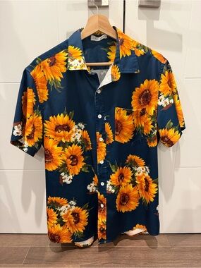 Sunflower Print Short Sleeve Shirt - Navy/Yellow